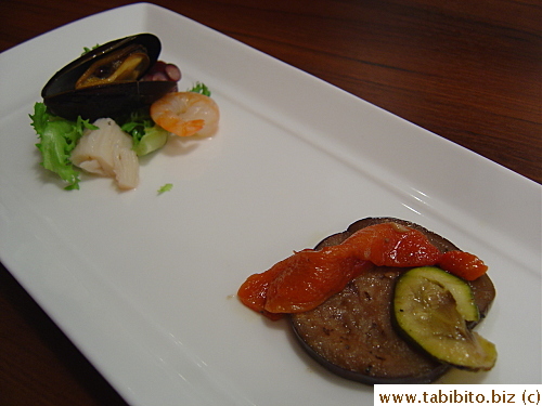 Appetizer: Seafood salad and marinated grilled veggies