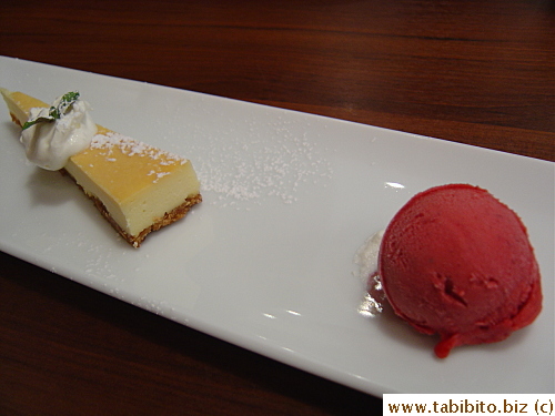 Dessert: Cheesecake and some kind of sorbet, don't remember the flavor, just very fruity