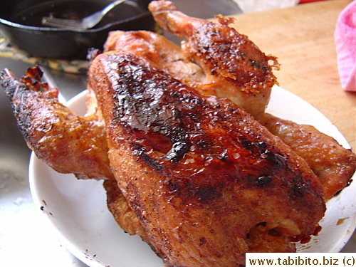 Very crispy skin-- from the olive oil and the bird's own fat accumulated on the pan
