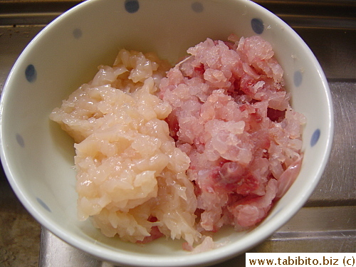 Minced scallops and fish ready to be lightly seasoned with S&P, egg white, a few drops of sesame oil, wine and cornstarch