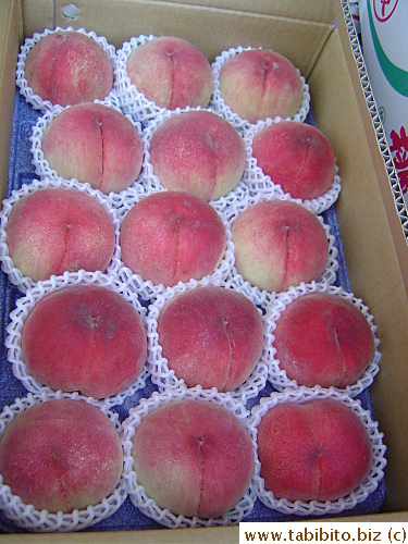 This box of large peaches outside the lunch hall was selling for 2500Yen only, a third off Tokyo price.  But how do you carry it home?