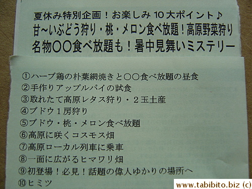 Our Summer Mystery Tour touts:1.Herb chicken and All-u-can-eat OO. 2. Sample handmade apple pie. 3. Two fresh cut lettuces as souvenir. 4. Harvest your own bunch of grapes. 5. All-u-can-eat grapes, peaches and melon. 6. Enjoy seeing cosmos flowers. 7. Ride the high mountain train. 8. Visit sunflower farm. 9. Visit shrine of a historical figure. 10. Secret   (Since my friend and I have seen cosmos field before, we skipped it to hurry to buy produce)