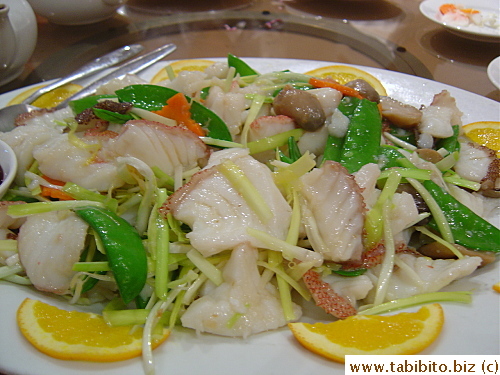 Stirfried grouper fillets with yellow chives/pea shoots/mushrooms