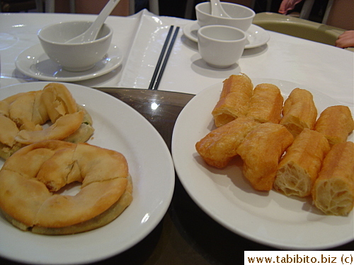 Scallion pancakes and fried dough/cruller, deelish!