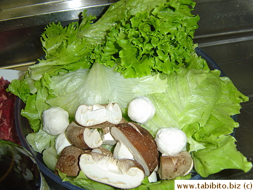 Lettuce, fishballs from Taiwan and fresh shiitake mushrooms