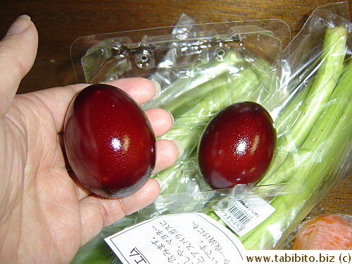 Very bright and shiny smoked eggs, about a buck each