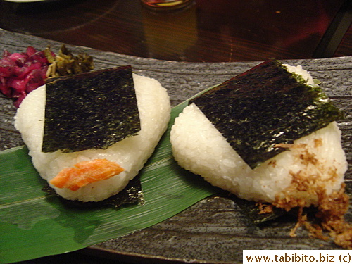 Salted salmon and fried fish flakes rice balls 300Yen each/$2.6