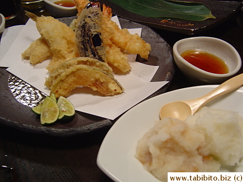 Tempura comes with dipping sauce and grated daikon