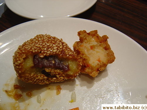 The deep-fried shrimp ball and red bean sticky rice ball were good but a tad greasy and cloying