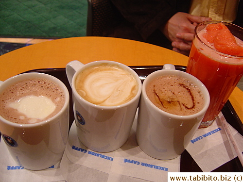 Our drinks: coffee, hot chocolate and my blood orange frozen drink