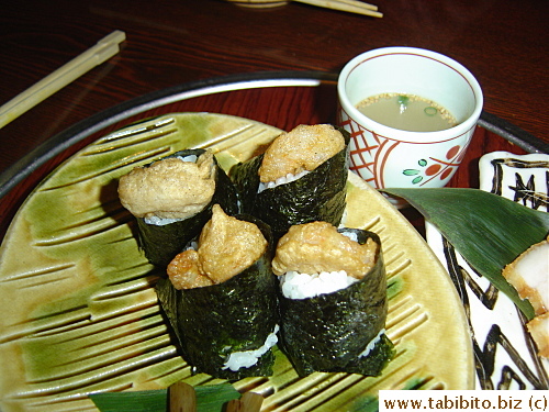 Tenmusu (Nori-wrapped rice with a fried shrimp) $6 for 4 pieces