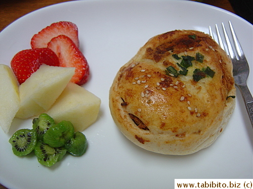 Day 3 brekkie: Serlina opted for sausage roll again while David wanted pork floss bun