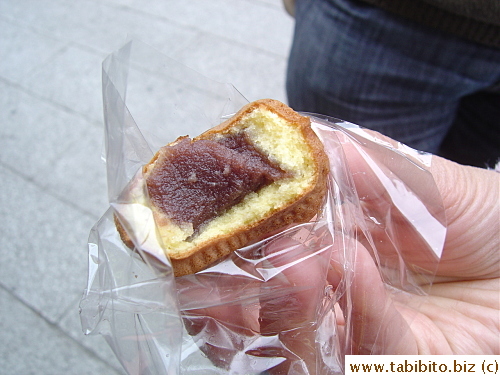 Snack: pancake case with red bean paste filling, still warm when they bought it