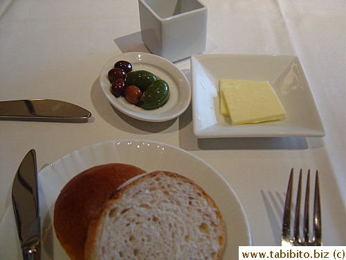 Complimentary olives and bread