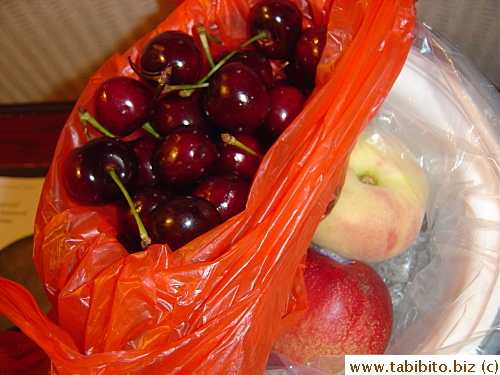 Dessert at night in hotel (cherries, tree-ripe nectarine and donut shaped peach) All mildly sweet, the peach was mealy