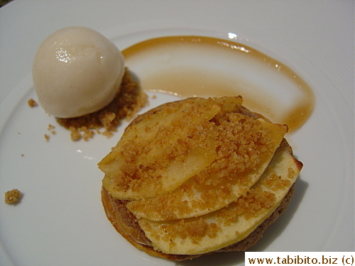 Our dessert: Apple Fennel Galette with Maple Sarsparilla and Apple Cider Sorbet. It's totally delicious! The pastry was shattery flaky, a hundred times more shattery and thinner than your average puff pastry