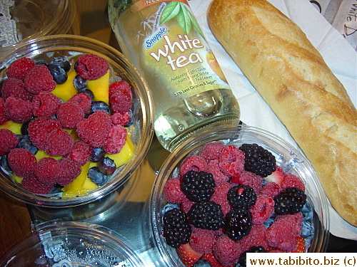 Breakfast in room: Berries and mangoes, juice, baguette