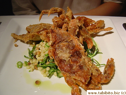 Entree for the men: Crispy Soft Shell Crab with Fregula Asparagus Salad, Wild Arugula and Lemon Citronette $33