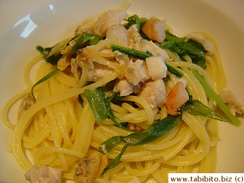 My pasta course: Seafood spaghetti with Kujounegi (Japanese spring onion)