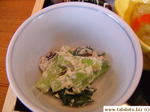 Leafy vegetable with mashed tofu , a bit too sweet for my taste