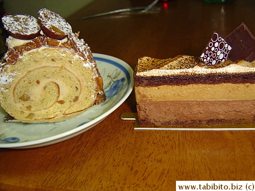 Chestnut roll and coffee mousse cake