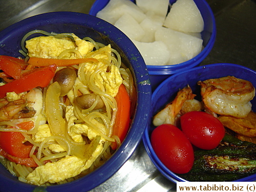 Singapore style rice noodles, extra prawns from the noodles, panfried pumpkin, okra, cherry tomatoes, nashi