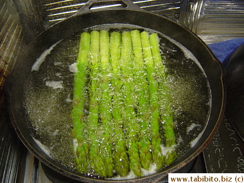 I had to trim off nearly an inch to fit them into the pan.  With this thickness, I blanched them for 2 minutes 15 seconds