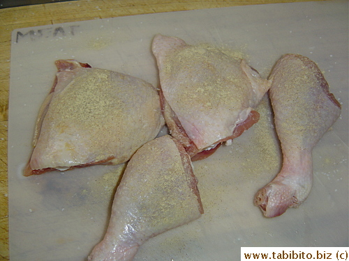 Season the chicken pieces with pepper and salt