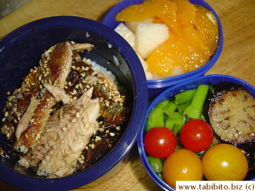Grilled saury, choi sum, panfried eggplant, cherry tomatoes, nashi and orange