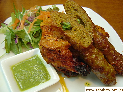 Then the meat arrived: the sausage thing was tasty eaten with the green sauce, the tandoori chicken was like all tandoori chicken I've eaten in the past, overcooked and dry