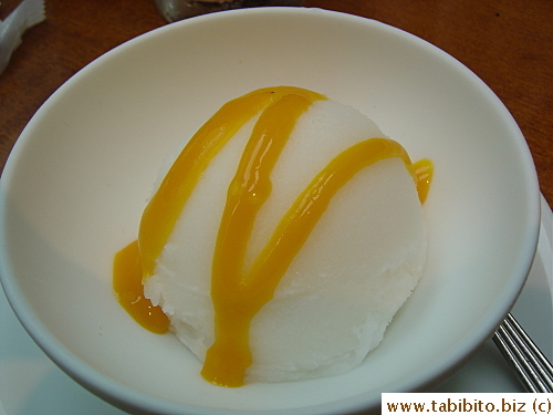 My dessert: surprisingly good lychee sorbet with mango sauce