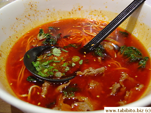 La Mian with Sliced Beef in Spicy Soup S$7.8 (the color's scarily hot)