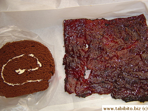 Snack for tonight: Jerky again and chocolate swiss roll S$0.9