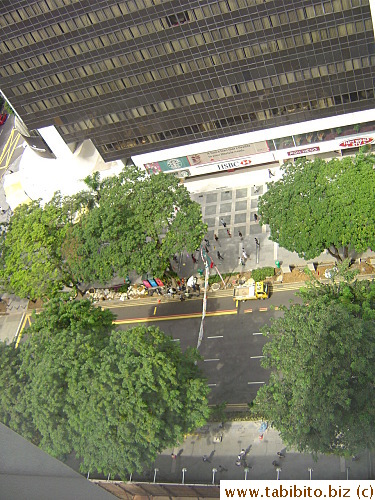 Looking down is Orchard Road obscured by large trees, home to a gazillion birds who create thunderous noises when they return at dusk