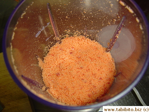 After the chilies are all chopped up, the salt looks like this