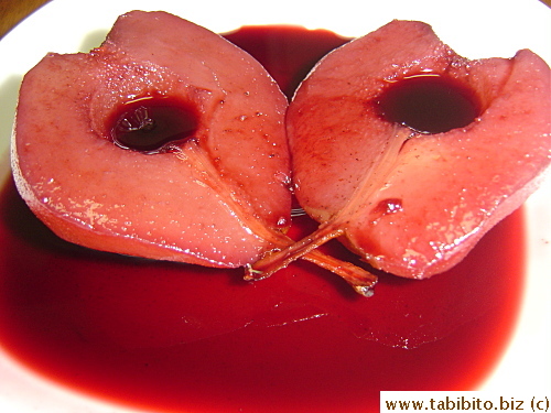 Since I opened a bottle of red wine for the stew, I used the leftover wine to make poached pear for dessert. I got the recipe from The Early Show (Christopher Kimball of America's Test Kitchen)