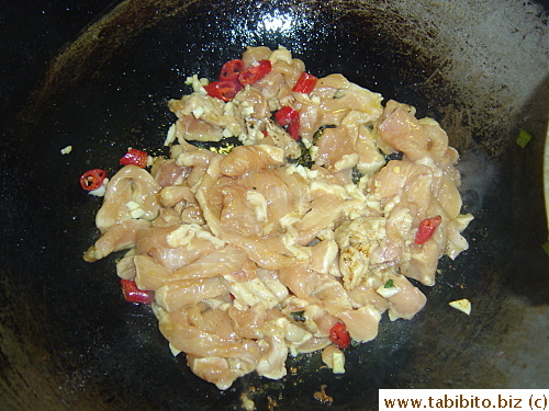 then fry the rest of the ingredients.  Return the vegie to the wok and season with more sugar, tiny bit of soy, wine and water