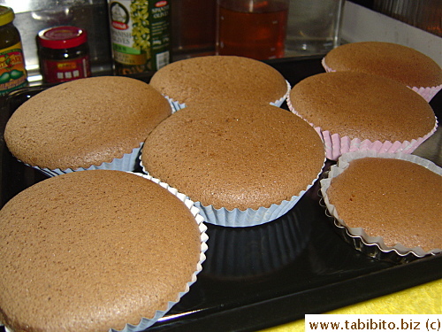 The chocolate sponge cakes are nice and puffy right out of the oven