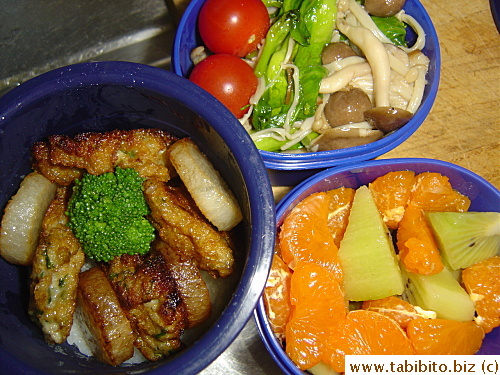 Stuffed fresh lotus root, panfried daikon, broccoli, cherry tomatoes, sauteed veggies and mushrooms, mandarin and kiwi