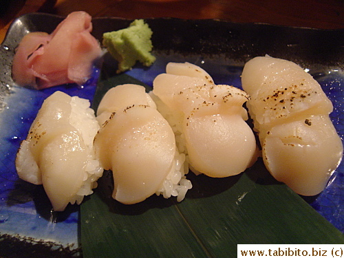Scallop sushi.  Don't remember the prices of the food, but it came down to a very reasonable US$18 p/p incl drinks