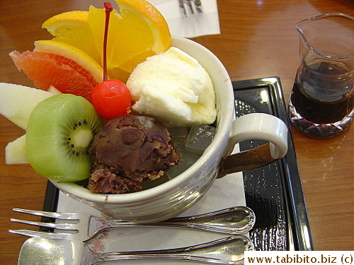 Fruit with icecream, agar cubes and red bean paste 650Yen/$6.6