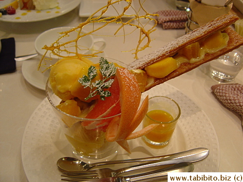 Serlina's the prettiest: mango sorbet, mango ice cream, vanilla ice cream served with seasonal fruit and fresh mango puree 890Yen/US$9