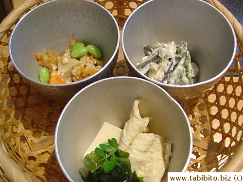 We all ordered the same set (2940yen/US$30) which started with cold appetizers in a bamboo basket
