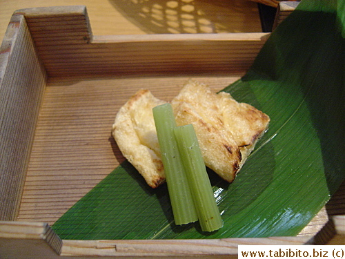 For hot appetizer, we had grilled tofu pockets and fuki (a very long green vegetable that looks like celery)