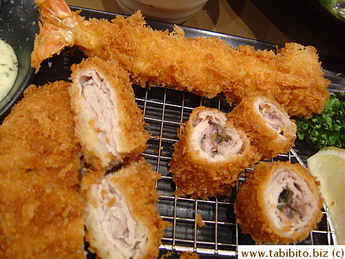 Jumbo prawn, pork rolls with pickled plum, and thinly-sliced pork stacked together and fried
