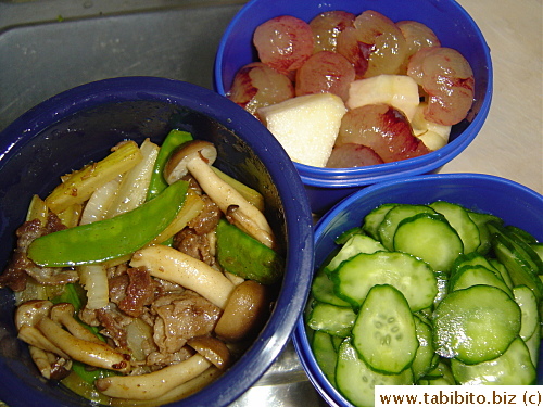 Stirfried pork with snow peas, celery and shimeji mushrooms, cold marinated cucumber, apple and grapes