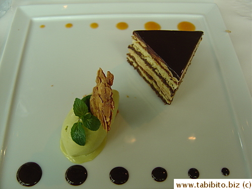 Gateau Opera with apricot coulis and Pistachio ice cream, both were delicious. The cake had a bitter chocolatey coffee flavor, I liked it