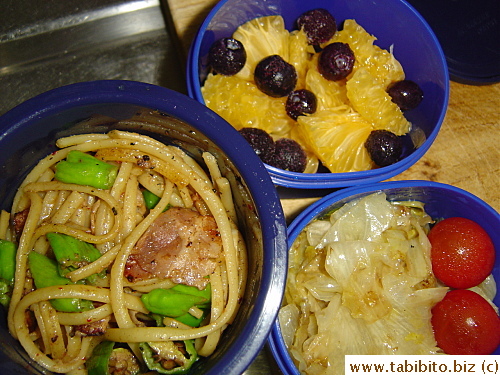 Bacon, garlic, and chili linguine, sauteed lettuce, cherry tomatoes, orange and blueberries