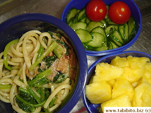 Spinach, porcini paste and bacon linguine, cold cucumber salad, cherry tomatoes, pineapple