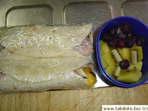 Ham and veggie wraps, kiwi and blueberries